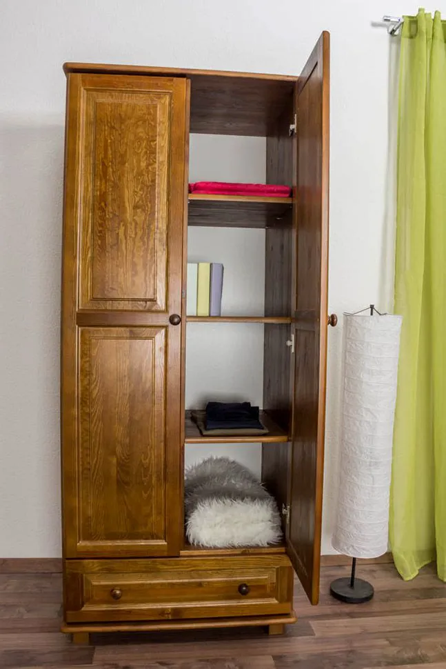 Schmaler Kleiderschrank | 2 Drehtüren | 1 Schublade | 4 Fächer | mit Kleiderstange | 80 cm breit | Massivholz