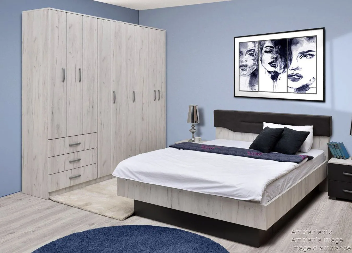 Schmaler Kleiderschrank | 2 Drehtüren | 3 Schubladen | 1 Fach | mit Kleiderstange | 75 cm breit