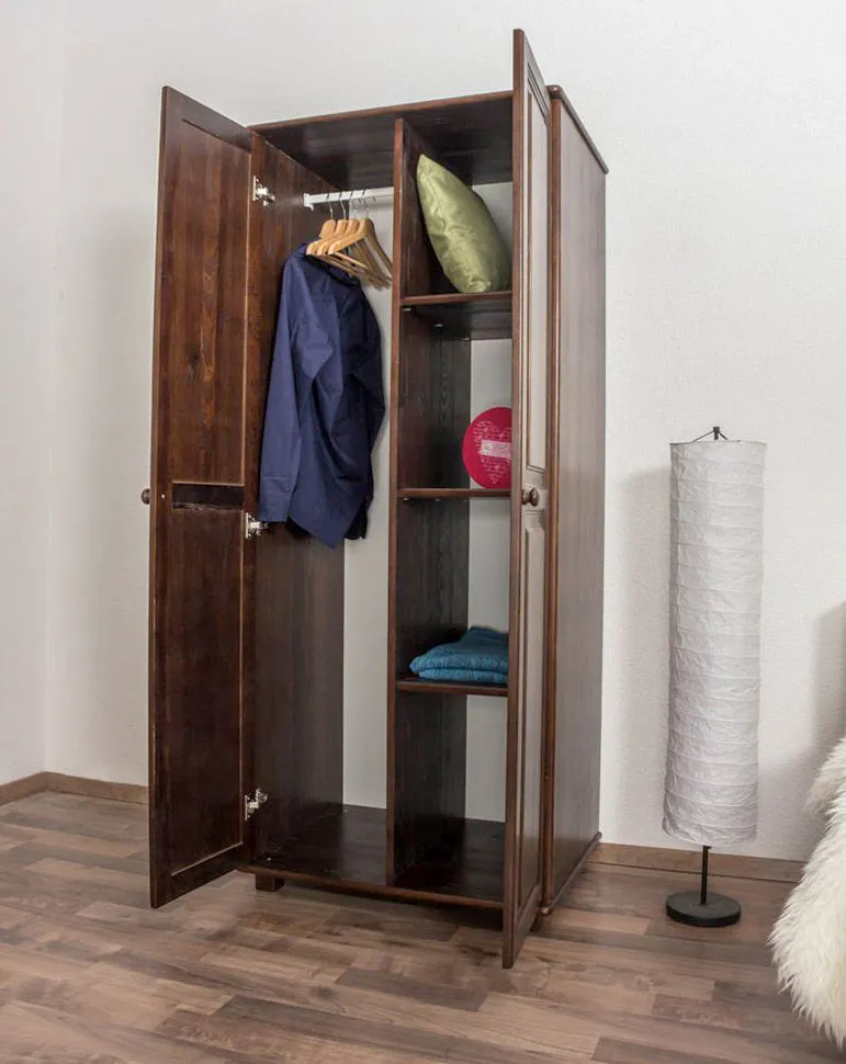 Schmaler Kleiderschrank | 2 Drehtüren | 4 Fächer | mit Kleiderstange | 80 cm breit | Massivholz