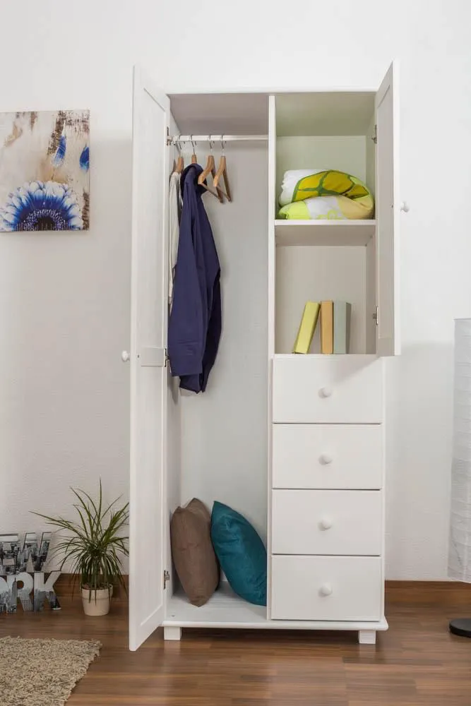 Kleiderschrank mit 4 Schubladen, Farbe: Weiß 190x80x60 cm, Türen Anzahl 1, Höhe (cm) 190, Länge/Tiefe (cm) 80, Breite (cm) 60, Massivholz, Material Kiefer massiv, Kleiderschrank mit 4 Schubladen, Farbe: Weiß 190x80x60 cm