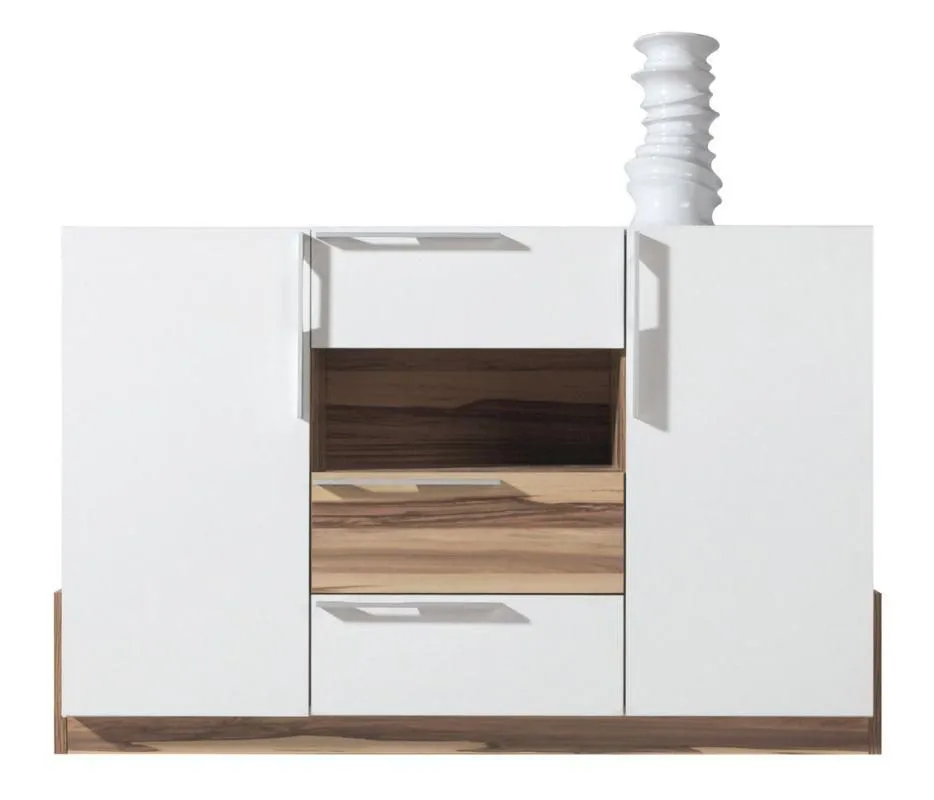 Sideboard, Anrichte, Kommode, 140 cm breit, Türen Anzahl 2, Höhe (cm) 89, Länge/Tiefe (cm) 140, Breite (cm) 40, Material Holzwerkstoff, Farbe Weiß / Walnuss, Sideboard, Anrichte, Kommode, 140 cm breit