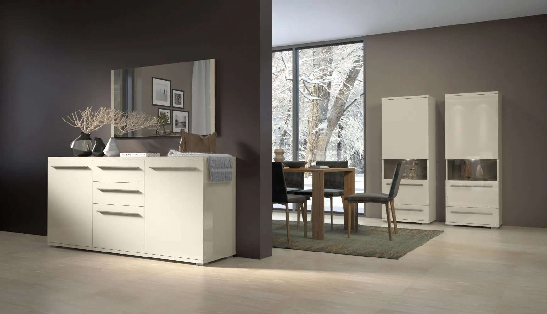 Kommode Garim 2, Farbe: Beige Hochglanz