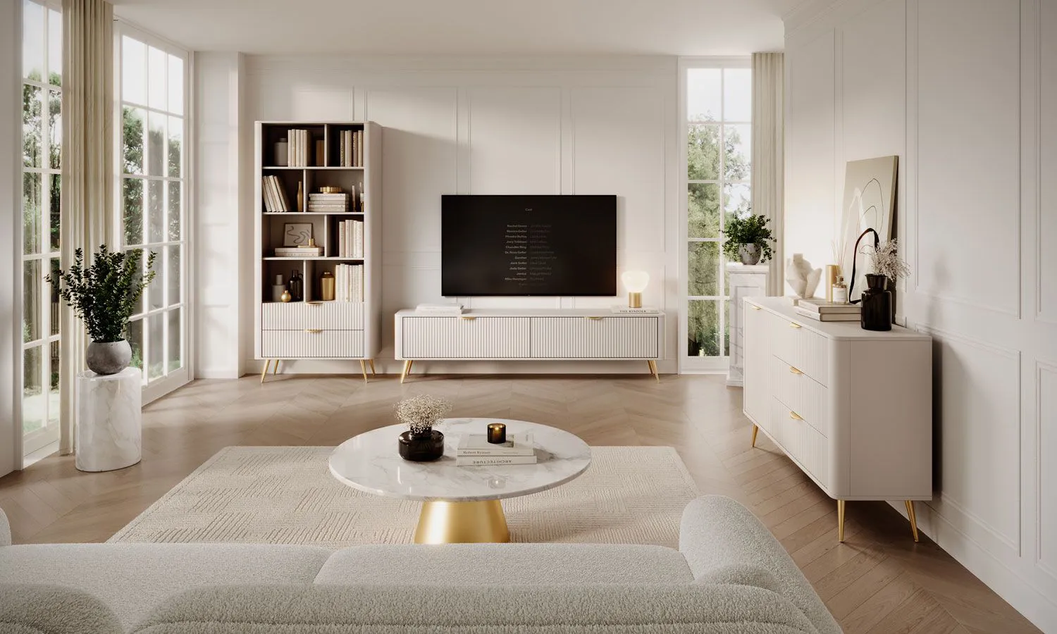 Langes TV-Board / TV-Möbel mit zwei Kippfächer Sloughia 05, Farbe: Beige, ABS-Kantenschutz, Maße: 51 x 200 x 38 cm, Griffe & Beine: Metall
