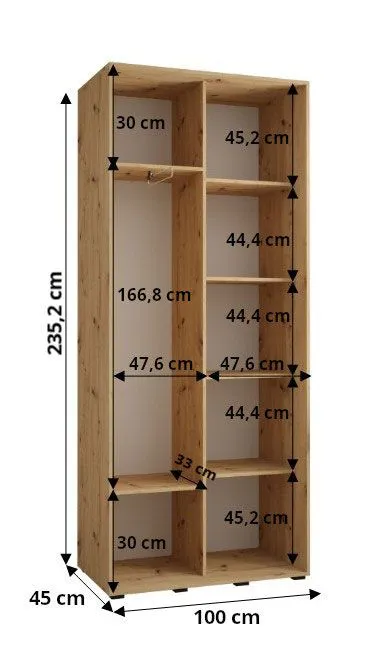 Kleiderschrank Mina mit Schiebetüren, in Weiß/Schwarz, modern, Großer Spiegel, auch für Wohnzimmer geeignet, Anti Staubbürsten, 235,2 x 100 x 60 cm