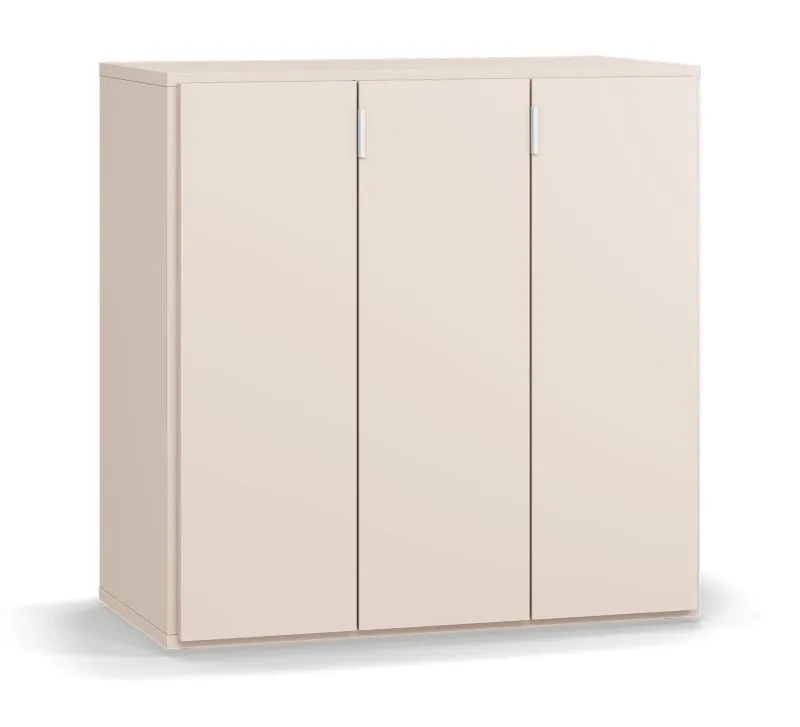 Kommode | Farbe: Beige | Griffe: Weiß | drei Türen | 6 Fächer | schlichtes Design | Maße: 90 x 47 x 90 cm | Soft-Close-Funktion | für Wohnzimmer