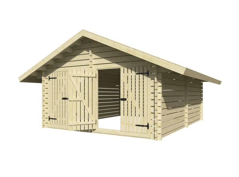 Holzschuppen / Gerätehaus aus Kiefernholz, mit Satteldach, 40 mm Blockbohlenhaus, gehobelt, Außenmaße: 418 x 508 cm, 2 Doppeltüren , Grundfläche: 21,23 m²