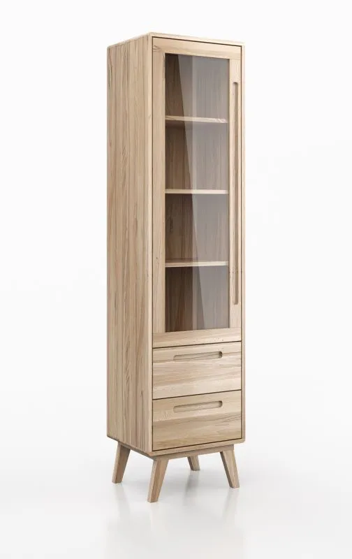 Vitrine Engordany 01 | Buche Vollholz massiv lackiert | Farbe: Buche | vier Fächer | Soft-Close-Funktion | zwei Schubladen | Maße: 200 x 50 x 39 cm