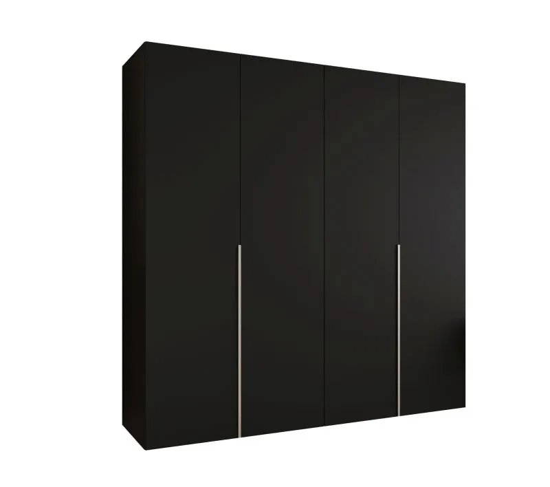 Kleiderschrank mit vier Türen Eiger 29, Farbe: Schwarz, zwei Kleiderstangen, 2 Meter breit, zwei Fächer, Soft-Close-Funktion, Griffe: Kaschmir, Drehtürenschrank