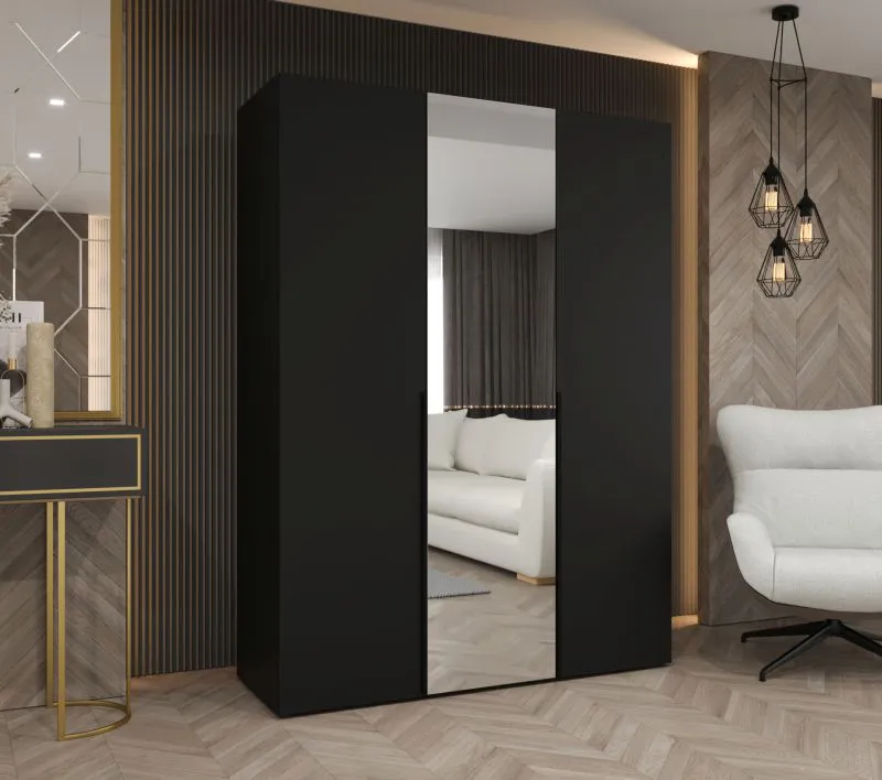 Kleiderschrank mit zwei Kleiderstangen Eiger 72, Farbe: Schwarz, zwei Fächer, eine Spiegeltür, 1,5 Meter breit, Griffe: Schwarz, Soft-Close-Funktion