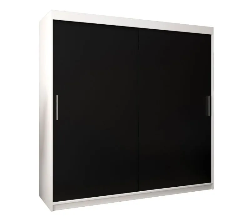 200 cm breiter Schiebetürenschrank mit 2 Türen | 10 Fächer | 2 Kleiderstangen | Farbe: Weiß / Schwarz Abbildung