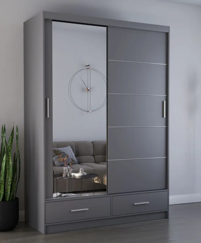 1,5 Meter breiter Schiebetürenschrank / Kleiderschrank mit Spiegel | Grau | Lusatian 09 | 218 x 150 x 61 cm | 2 Türen | 2 Schubladen | 6 Fächer