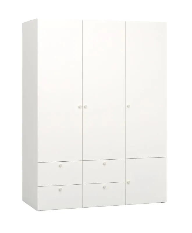Kleiderschrank mit sechs Fächer Aenna 13, Farbe: Weiß / Eiche, Maße: 202,5 x 151 x 60 cm, Griffe: Weiß, vier Schubladen, zwei Kleiderstangen
