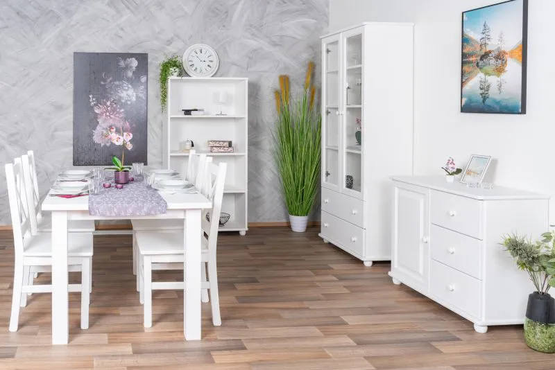 Weißes Esszimmer Komplett - Set F Junco, 8-teilig im Landhausstil, aus Kiefernholz, Massivholz, 1 Regal, 1 Vitrine, 1 Kommode, 1 Esstisch, 4 Stühle