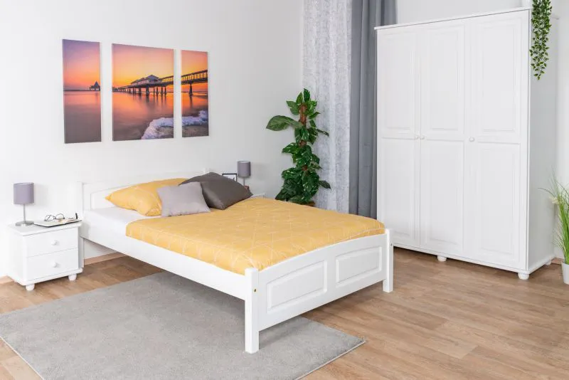 Schlafzimmer im Landhausstil Komplett - Set K Junco, 4-teilig, in Weiß, aus massivem Kiefernholz, Bett 120 x 200 cm, 2 Nachtkommoden, Kleiderschrank