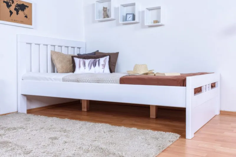 Einzelbett / Gästebett "Easy Premium Line" K8 inkl.1 Abdeckblende, 120 x 200 cm Buche Vollholz massiv weiß lackiert