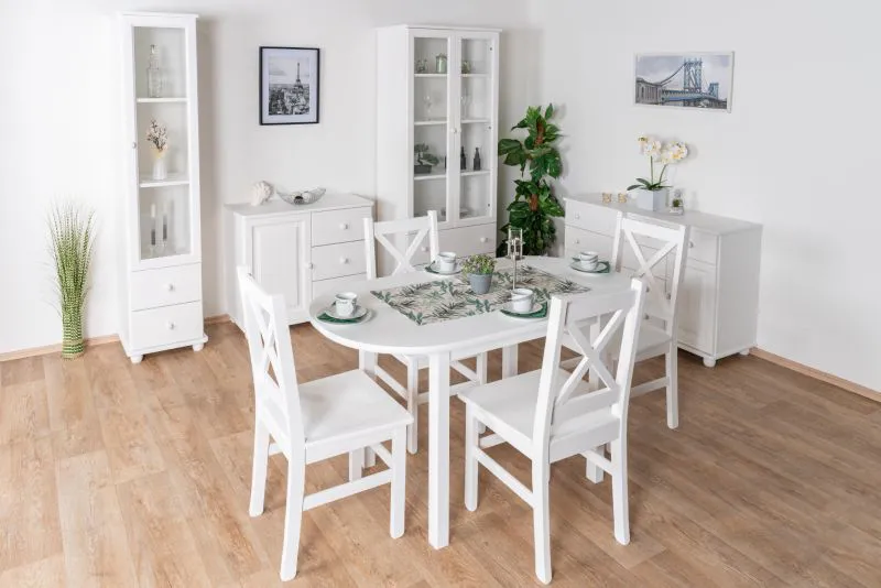 Esszimmer Komplett - Set A Junco im Landhausstil , 9-teilig, in Weiß, Kiefernholz, Massivholz, hochwertig verarbeitet, 4 Stühle, Tisch 75 x 140 cm