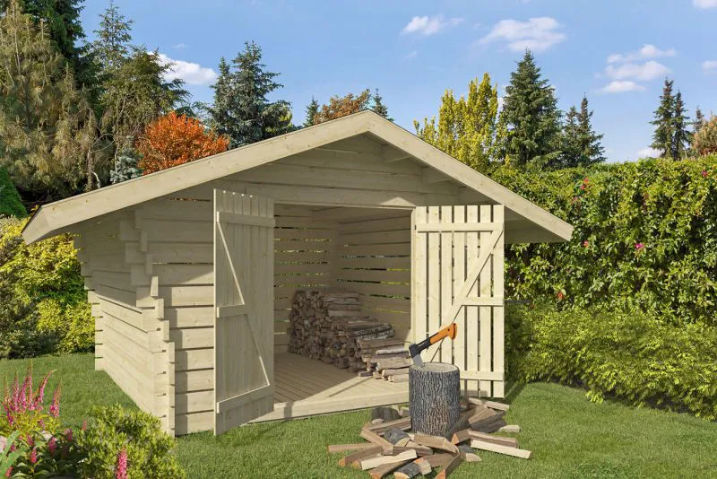 Holzschuppen / Gerätehaus, 40 mm Blockbohlenhaus, Doppeltür, aus Kiefernholz, gehobelt, inkl. Fußboden, Grundfläche: 7,18 m², Satteldach, Lüftungslücken zwischen Wandbrettern, Außenmaße: 268 x 268 cm