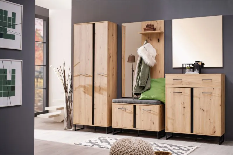 Garderobe Komplett - Set C Crina, 5-teilig, ein Schrank, ein Spiegel, eine Kommode, ein Schuhschrank mit Sitzkissen, eine Garderobe mit Spiegel, ABS-Kantenschutz