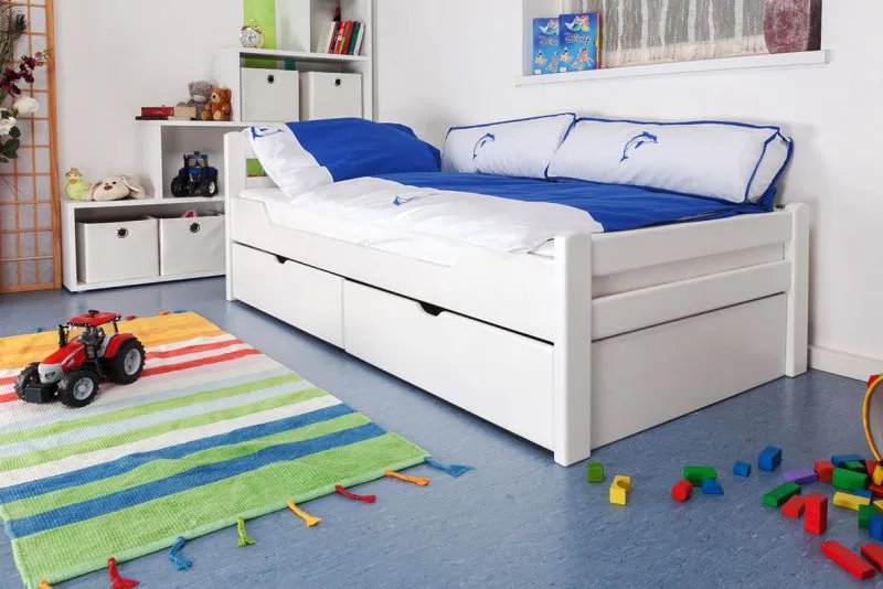 Kinderbett 90 x 200 cm | Massivholz: Buche | Weiß Lackiert | inkl. 2 Schubladen und Lattenrost Abbildung