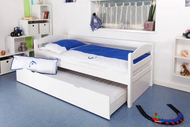 Kinderbett 90 x 200 cm | Massivholz: Buche | Weiß Lackiert | inkl. 2. Liegeplatz 90 x 190 cm ausziehbar und 2 Rollrost Abbildung