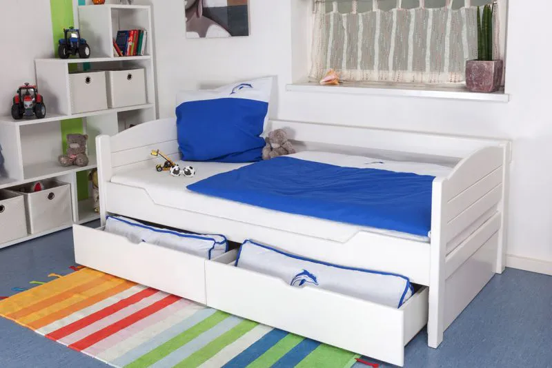 Kinderbett 90 x 200 cm | Massivholz: Buche | Weiß Lackiert | inkl. 2 Schubladen und Lattenrost Abbildung