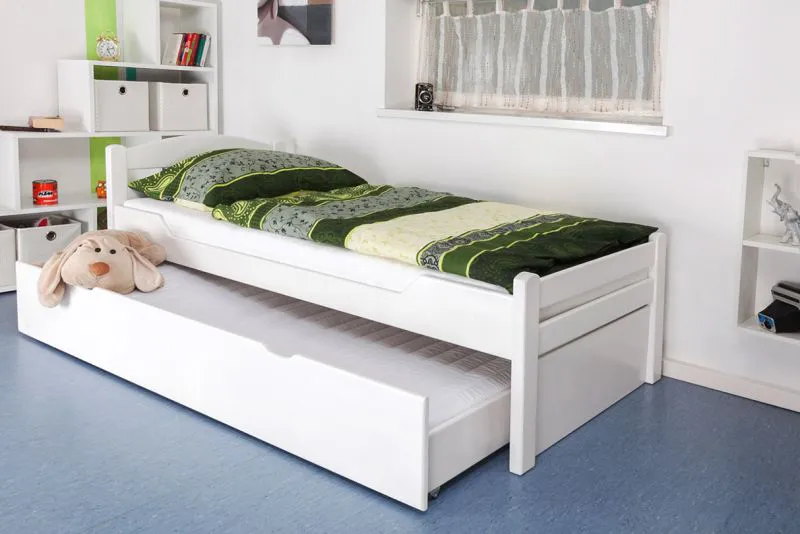 Bettrahmen für Kinder / Ausziehbett / Kinderbett 90 x 200 cm | Massivholz: Buche | Weiß Lackiert | inkl. 2. Liegeplatz 90 x 190 cm ausziehbar und 2 Rollrost | besonders hohe Qualität Abbildung