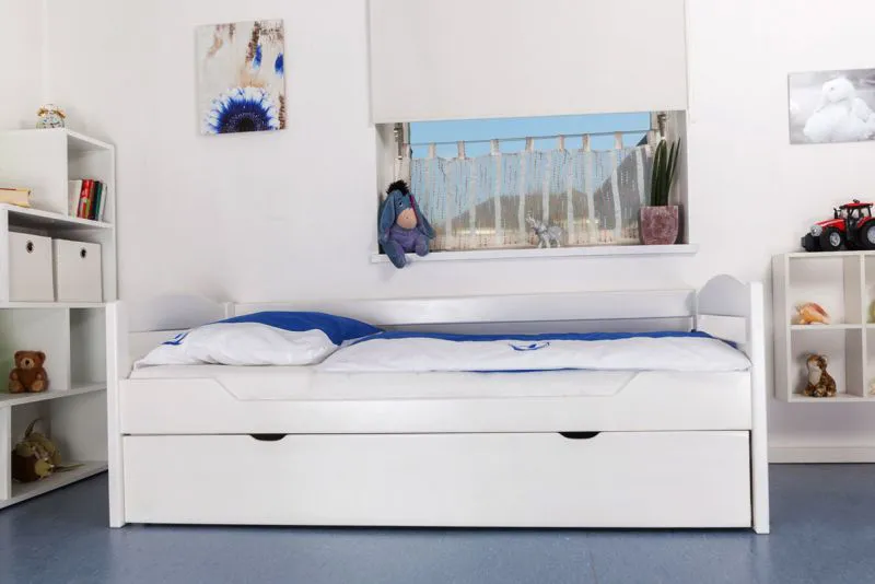 Bettrahmen für Kinder / Kinderbett 90 x 200 cm | Massivholz: Buche | Weiß Lackiert | inkl. 2. Liegeplatz 90 x 190 cm ausziehbar und 2 Rollrost | besonders hohe Qualität Abbildung
