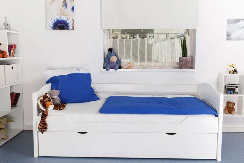 Bettrahmen für Kinder 90 x 200 cm mit Ausziehbett 90 x 190 cm | Massivholz: Buche | Weiß Lackiert | inkl. 2. Liegeplatz 90 x 190 cm ausziehbar und 2 Rollrost Abbildung