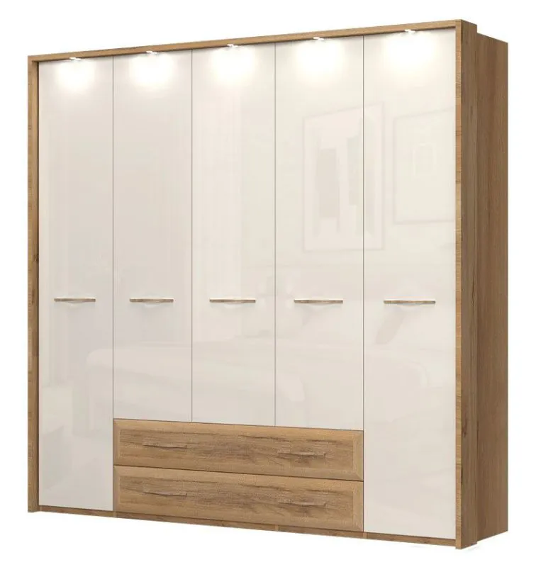 227 cm breiter Kleiderschrank mit 5 Türen, 8 Fächern und 2 Schubladen | Farbe: Beige | Tiefe: 56 cm Abbildung