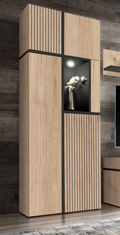 Vitrine mit LED-Beleuchtung Jordalsgrenda 01 | Eiche / Schwarz | 10 Fächer | vier Türen | Push-to-open | 70 x 40 x 195 cm (L x T x H) | Wohnzimmer