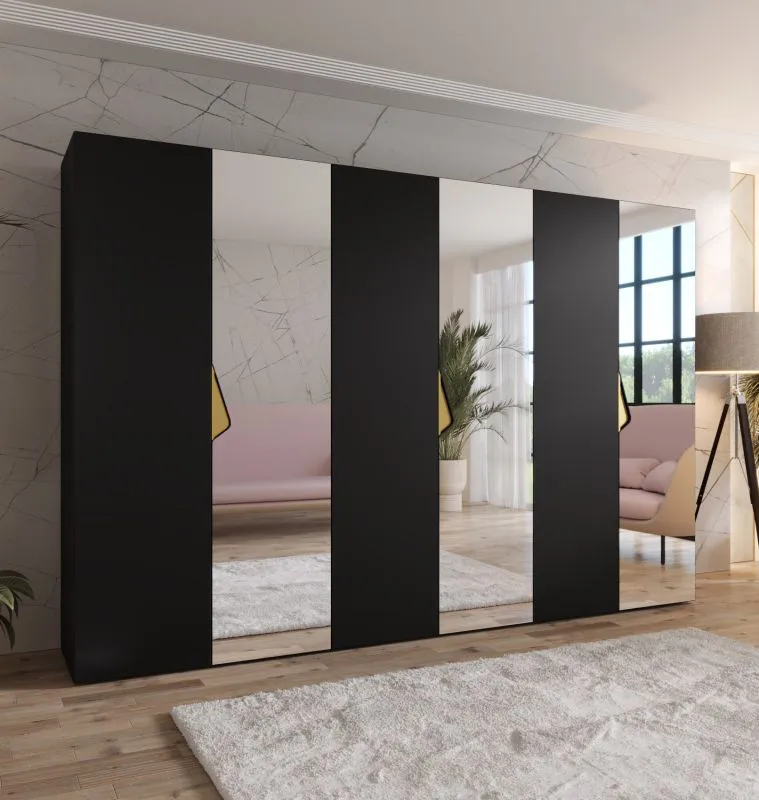 Kleiderschrank | 3 Spiegeltüren | 3 Fächer | Farbe: Schwarz | 3 Kleiderstangen | Griffe: Gold | Maße: 300 x 52 x 202 cm | Soft-Close-Funktion