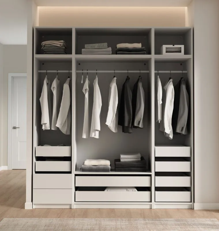 Schrankset für Ankleidezimmer - Set C Aarwangen | Farbe: Platinweiß | Maße: 206 x 55 x 234 cm | offener Kleiderschrank | 3 Kleiderstangen | 10 Schubladen