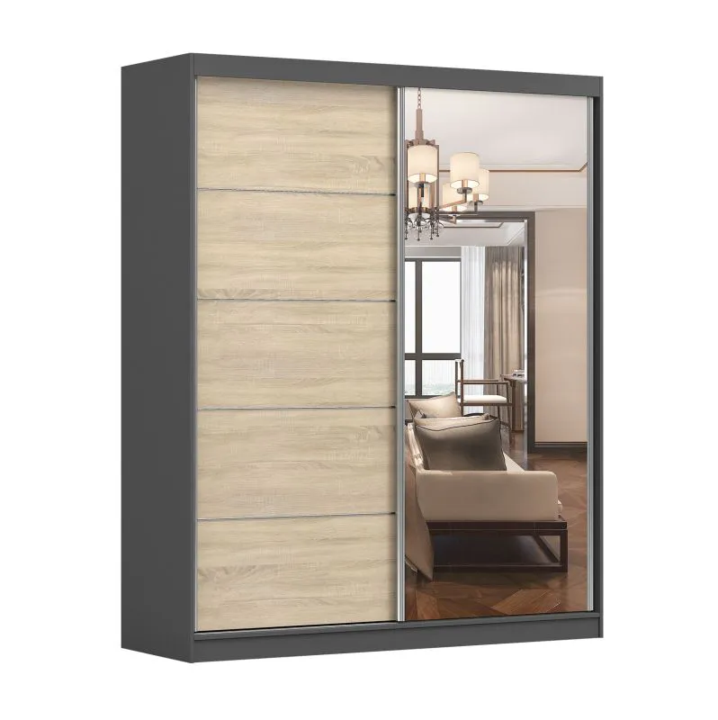 Kleiderschrank / Schiebetürenschrank mit Spiegel | Eiche / Grau | Cuillin 11 | 218 x 183 x 61 cm | 2 Türen | 6 Fächer | geräumiges Innenvolumen