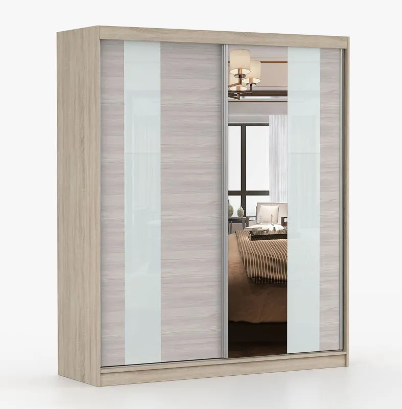 1,8 Meter breiter Schiebetürenschrank / Kleiderschrank mit Spiegel Seide / Eiche | Gorski 09 | 218 x 183 x 61 cm | 2 Türen | 6 Fächer | eckig
