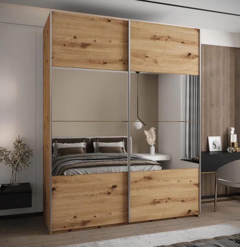 Kleiderschrank / Schiebetürenschrank | 11 Fächer | Spiegel | Soft-Close | 2 Schiebetüren | 2 Kleiderstangen | 245,5 x 190 x 64 cm | Farbe: Eiche Artisan
