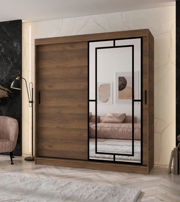 Schiebetürenschrank | Farbe: Walnuss Warmia | 10 Fächer | 2 Kleiderstangen | hochwertig Verarbeitet | 180 x 62 x 200 cm | Kleiderschrank | Spiegeltür | modernes Design