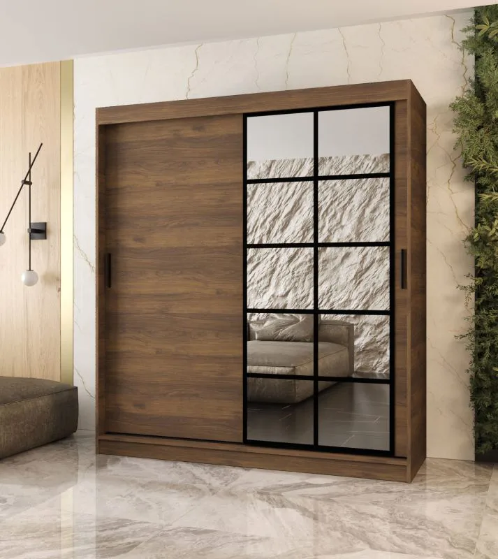 Kleiderschrank / Schiebetürenschrank | Farbe: Walnuss Warmia | 10 Fächer | 2 Kleiderstangen | hochwertig Verarbeitet | 180 x 62 x 200 cm | dekorative Spiegeltür