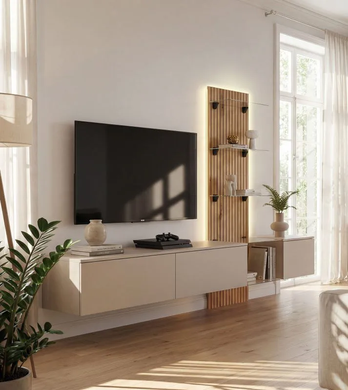 Wohnwand | inkl. Integrierter LED-Beleuchtung | Farbe: Clay Grau / Eiche Coast Evoke | Push-to-open Funktion | 220 x 40 x 160 cm | geriffelte Front | langes TV-Board