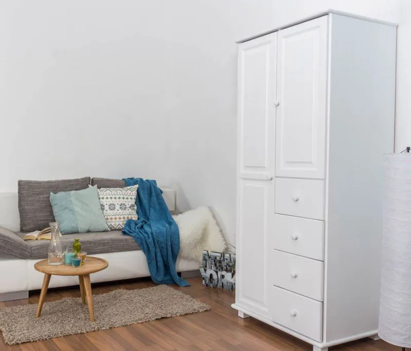 Kleiderschrank | 1 Drehtür | 4 Schubladen | mit Kleiderstange | 90 cm breit | Massivholz | Farbe: Weiß Abbildung