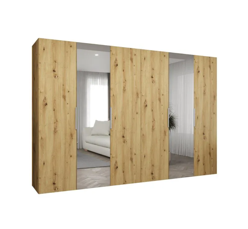 Kleiderschrank mit zwei Spiegeltüren Korab 101, Farbe: Eiche Artisan, vier Kleiderstangen, 3 Meter breit, Soft-Close-Funktion, vier Fächer, Griffe: Kaschmir