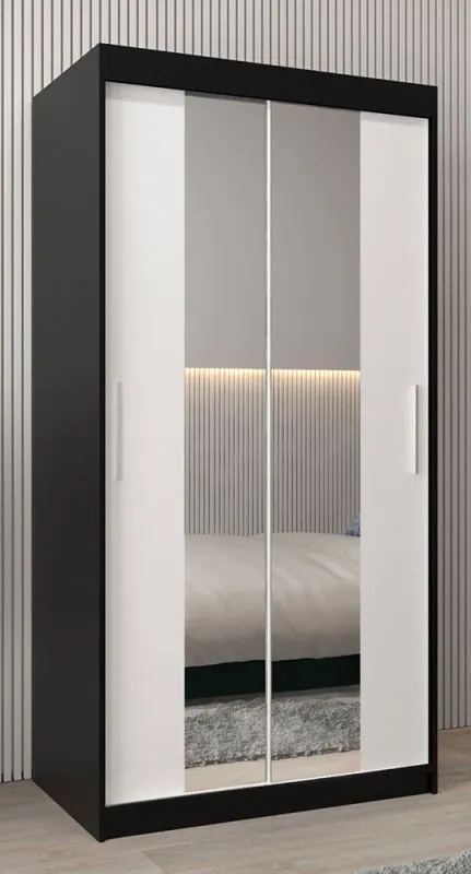 Schiebetürenschrank / Kleiderschrank Bisaurin 1B mit Spiegel, Farbe: Schwarz / Weiß matt - Abmessungen: 200 x 100 x 62 cm ( H x B x T)