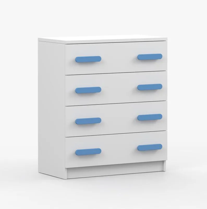 Kommode 80 cm breit | 90 x 80 x 40 cm | Weiß | Smolikas 19 | 4 geräumige Schubladen | blaue Holzgriffe | Kinder | Jugend