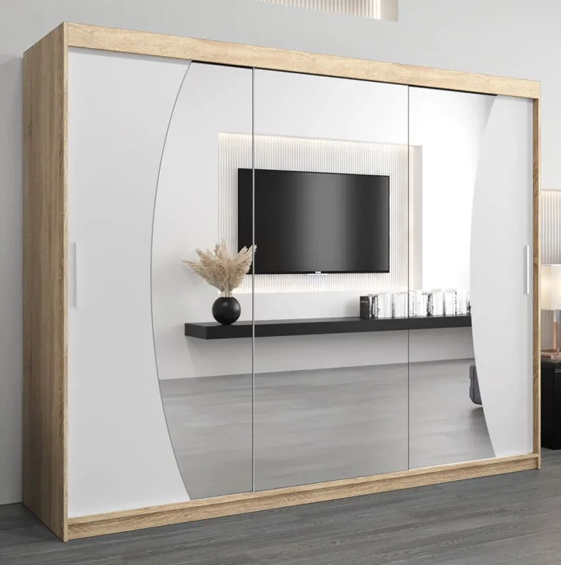Großer 250 cm breiter Kleiderschrank mit 3 Türen | 10 Fächer | Farbe: Sonoma Eiche / Weiß Abbildung