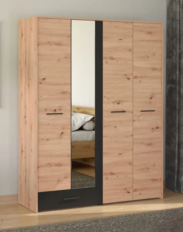 Moderner Drehtürenschrank mit einer Spiegeltür Brus 15, Farbe: Eiche Artisan / Schwarz, eine Kleiderstange, Maße: 203,5 x 157,5 x 53 cm, eine Schublade