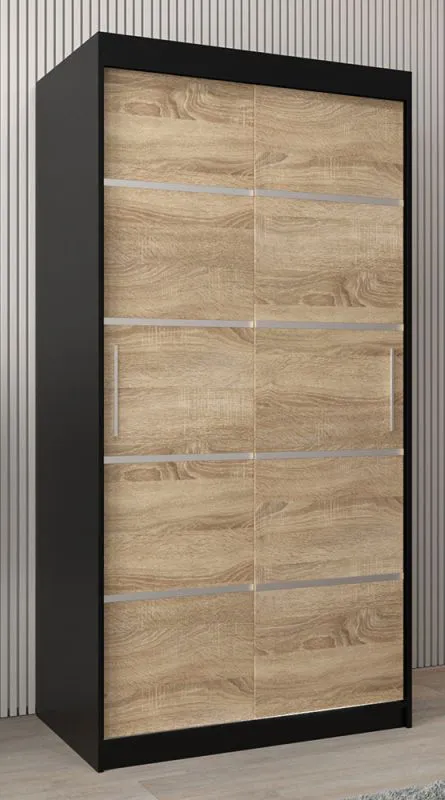 Schiebetürenschrank / Kleiderschrank Jan 01A, Farbe: Schwarz / Eiche Sonoma - Abmessungen: 200 x 100 x 62 cm ( H x B x T)