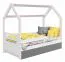 Bettrahmen für Kinder / Kinderbett mit Rausfallschutz 80 x 160 cm | Massivholz: Kiefer | Weiß Lackiert | inkl. Schublade und Lattenrost Abbildung