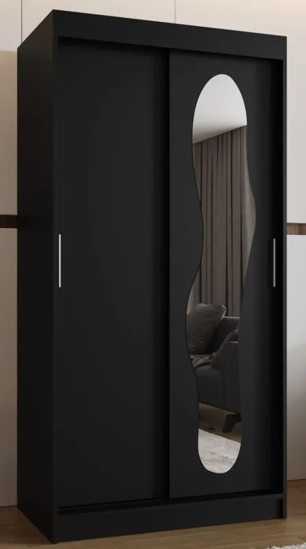 Kleiderschrank / Schiebetürenschrank Lagginhorn 03, Farbe: Schwarz, eine Spiegeltür, 1 Meter breit, fünf Fächer, Aluminiumschienen, zwei Kleiderstangen
