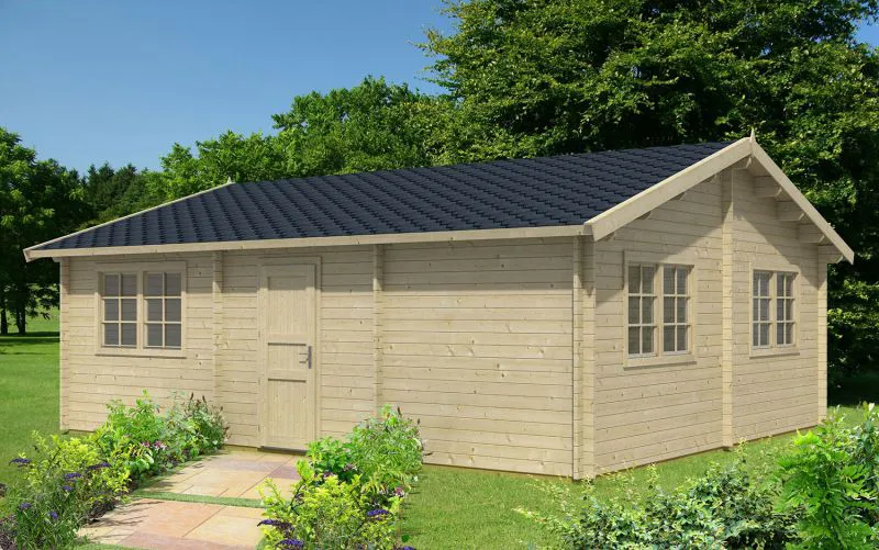 Ferienhaus / Gartenhaus mit 5 Räume, inkl. Fußboden, aus nordischen Fichtenholz, 70 mm Blockbohlenhaus, Grundfläche: 46,32 m², Außenmaße: 626 x 740 cm, Satteldach
