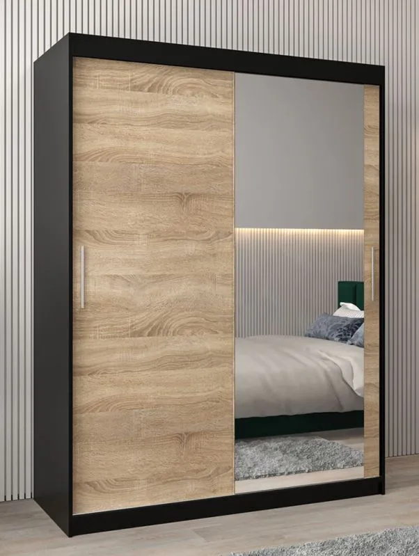Schiebetürenschrank / Kleiderschrank Bisaurin 3C mit Spiegel, Farbe: Schwarz / Eiche Sonoma - Abmessungen: 200 x 150 x 62 cm ( H x B x T)