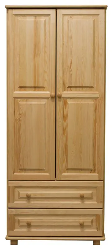 Kleiderschrank | 2 Drehtüren | 2 Schubladen | 1 Fach | mit Kleiderstange | 90 cm breit | Massivholz | Farbe: Natur Abbildung